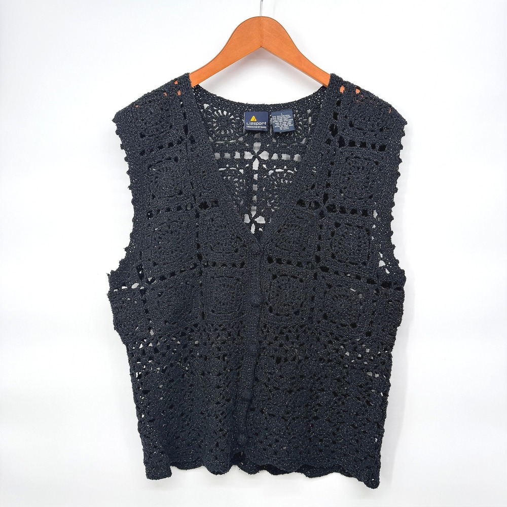 Lizsport‎ VTG Granny Square Crochet Vest Silk Blend Shimmer Boho Chic Large